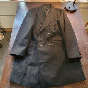 Express Black Kissing Button Double Breasted Peak Lapel Overcoat Mens Size 48